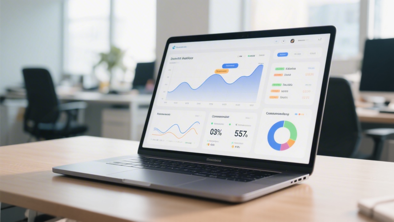 Digital analytics dashboard on a laptop showing traffic graphs, conversion rates, and campaign performance in a modern office with natural lighting.