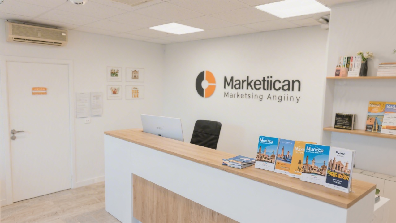 Reception area of a small marketing agency with clean desk, brochures, and Murcia city guides, reflecting professional and welcoming local environment.